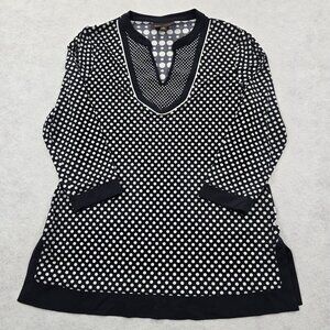 Dana Buchman Tunic Blouse Top Size M Blue Dot Print 3/4 Sleeve Stretch Contrast